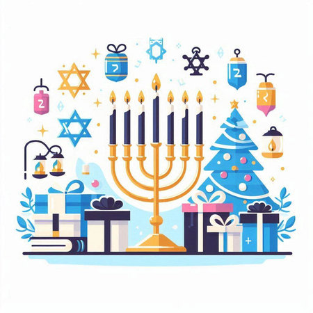 Happy Hanukkah greeting card with menorah, gifts, candles, star of David and Christmas tree. Vector illustration.のイラスト素材