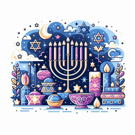 Hanukkah greeting card with menorah, dreidels and candles. Vector illustrationのイラスト素材