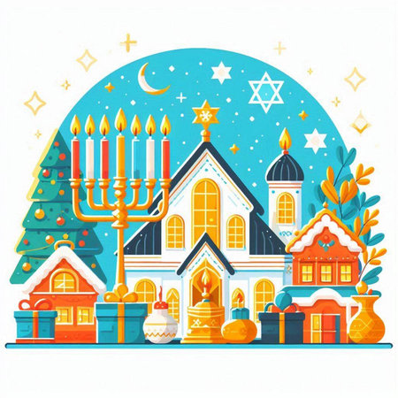 Christmas greeting card with church, candles, candelabrum and Christmas tree. Vector illustration.のイラスト素材