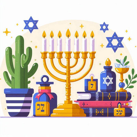 Vector illustration of Jewish holiday Hanukkah with menorah, books, candles, candelabra and star of David.のイラスト素材
