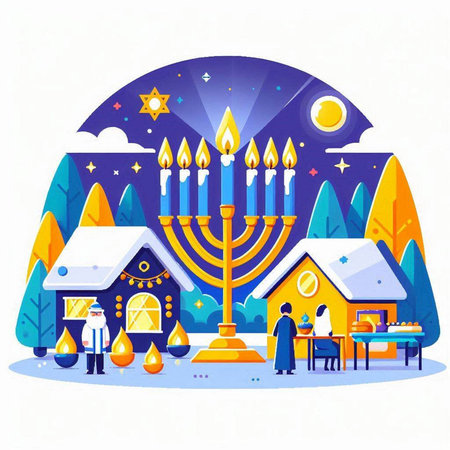 Hanukkah holiday flat design concept. Menorah, menorah, menorah, candles on night sky background.のイラスト素材