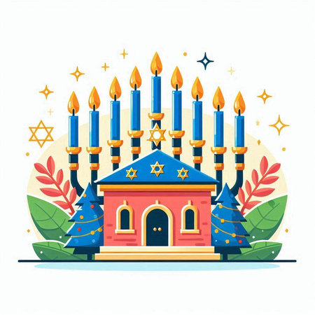 Jewish holiday Hanukkah greeting card with church, candles and starsのイラスト素材