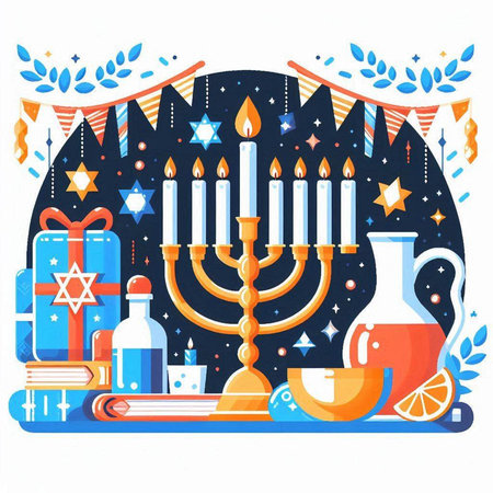 Jewish holiday Hanukkah greeting card with candelabra, menorah, candles, wine bottle, gifts and star. Vector illustrationのイラスト素材