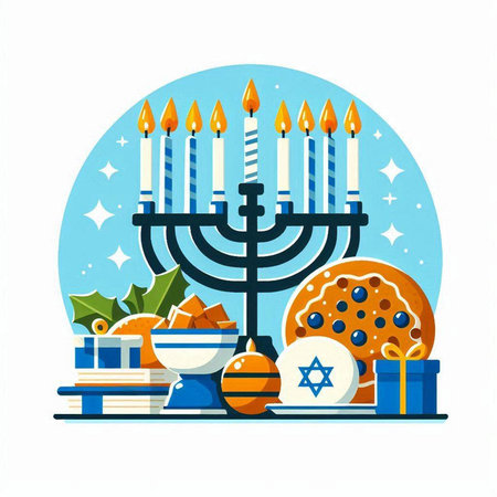 Jewish holiday Hanukkah greeting card with menorah, candelabra, donuts and gifts. Vector illustration.のイラスト素材