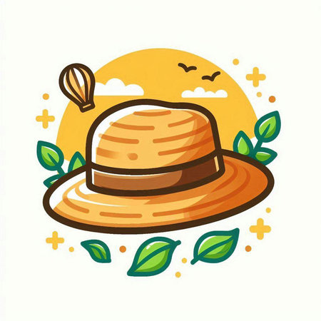 Illustration of summer hat with leaves and sun on a white backgroundのイラスト素材