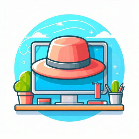 Computer screen with hat and office supplies. Flat style vector illustration.のイラスト素材