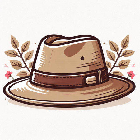 Illustration of a cowboy hat on a white background with leaves and flowersのイラスト素材