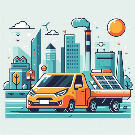 Car with solar panels on the roof. Vector illustration in flat styleのイラスト素材