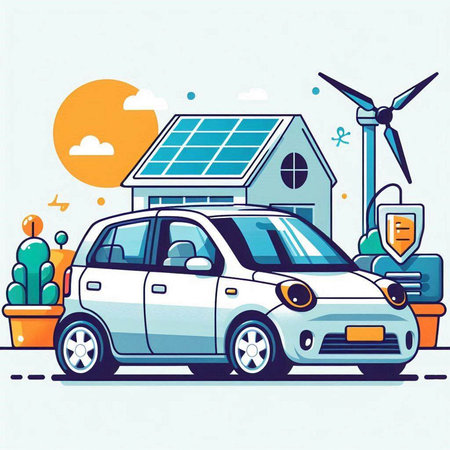 Electric car with solar panel, wind turbine, solar cell and house. Vector illustrationのイラスト素材
