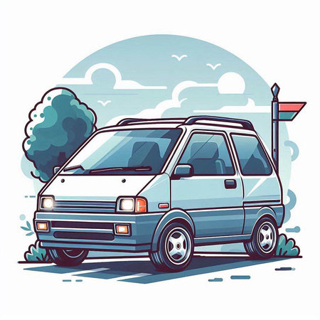 Retro car on the road in the city. Vector illustration.のイラスト素材