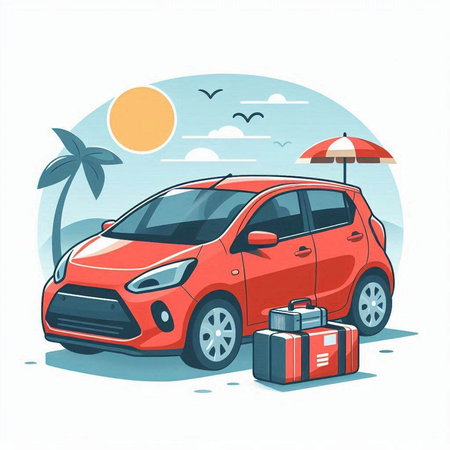 Vector illustration of a red car on the beach with suitcase and umbrellaのイラスト素材