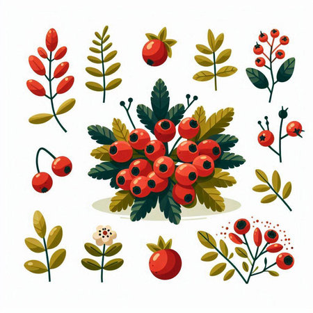 Set of vector berries and leaves in flat style. Vector illustration.のイラスト素材
