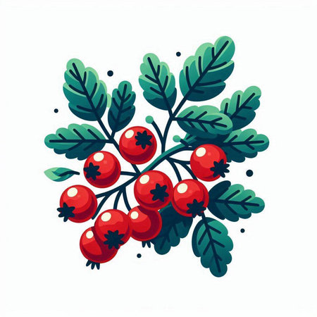 Christmas and New Year greeting card with red berries and green leaves.のイラスト素材