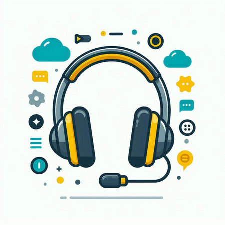 Headphones with microphone. Vector illustration in flat line style. Concept for web banners, infographics.のイラスト素材