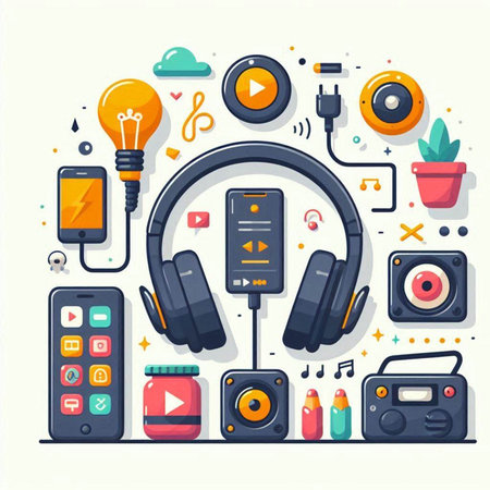 Music concept. Vector flat design illustration of headphones, mobile phone, mp3 player, speaker, microphone, headphones and other objects.のイラスト素材
