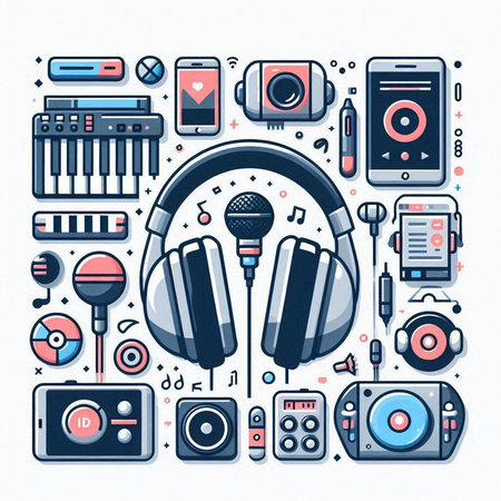 Music background with headphones and electronic devices. Vector illustration in line art style.のイラスト素材