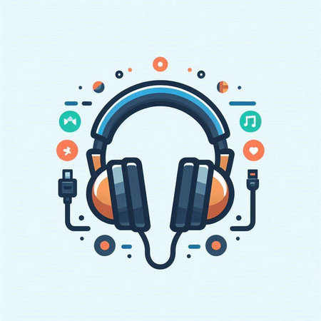 Headphones flat line icon on light blue background, vector illustration.のイラスト素材