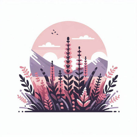 Landscape with lavender and mountains. Vector illustration in flat style.のイラスト素材