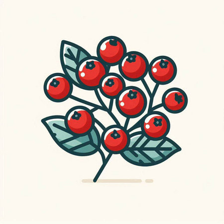Bunch of red rowan berries with green leaves. Vector illustration.のイラスト素材