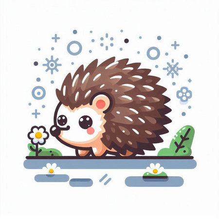 Cute hedgehog with flowers. Vector illustration in cartoon style.のイラスト素材