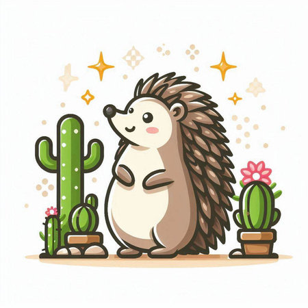 Cute cartoon hedgehog with cacti. Vector illustration.のイラスト素材
