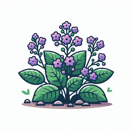 Illustration of a bunch of purple flowers with green leaves on a white backgroundのイラスト素材