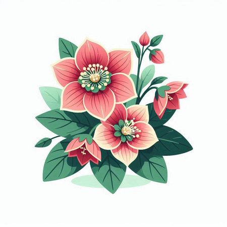 Hand drawn vector illustration of red hellebore flowers. Isolated on white background.のイラスト素材
