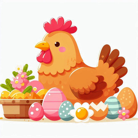Illustration of a chicken and easter eggs on a white backgroundのイラスト素材
