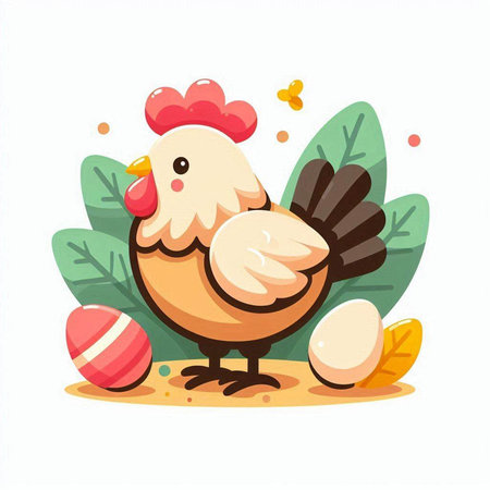 Cute chicken and easter eggs on white background. Vector illustration.のイラスト素材