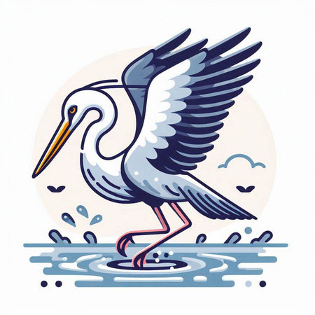 Flying stork on the water. Vector illustration in cartoon style.のイラスト素材