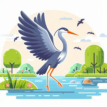 Vector illustration of a flying heron on the background of the lakeのイラスト素材