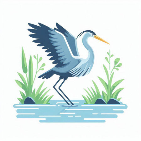 Blue heron on the water. Vector illustration in flat style.のイラスト素材