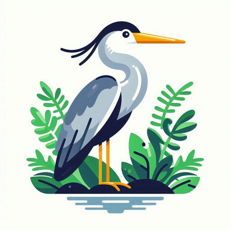 Vector illustration of a grey heron on a background of tropical plants.のイラスト素材