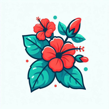 Hibiscus flower vector illustration. Hand drawn red and green flowers.のイラスト素材