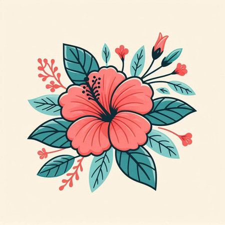 Hand drawn vector illustration of hibiscus flowers with leaves.のイラスト素材