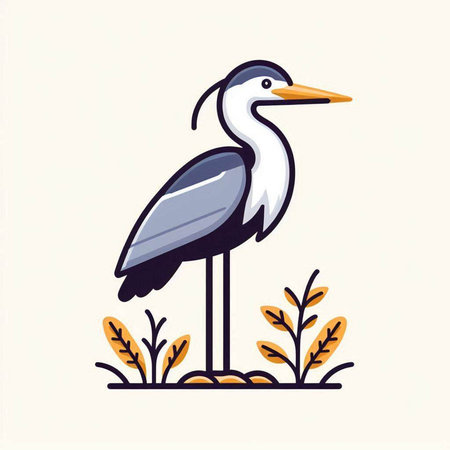 Vector illustration of a cartoon heron on the background of grass.のイラスト素材