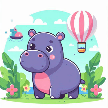 Cute hippo with hot air balloon. Vector illustration in cartoon styleのイラスト素材