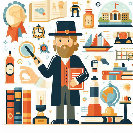 Vector illustration of a man in a hat and with a book.のイラスト素材