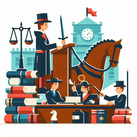 Lawyer and justice concept. Flat style vector illustration. Lawyer, attorney, jurist, judge, judge, auctioneer, judge, lawyer.のイラスト素材