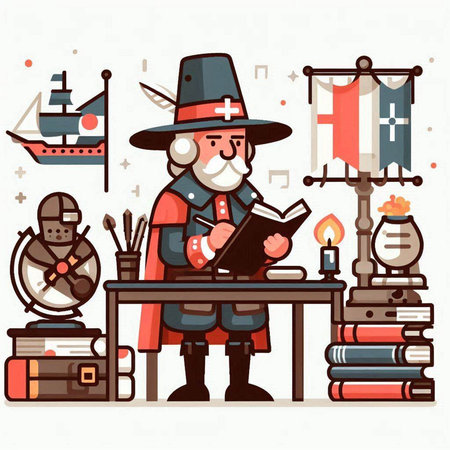 Cartoon illustration of a pirate reading a book in the library.のイラスト素材