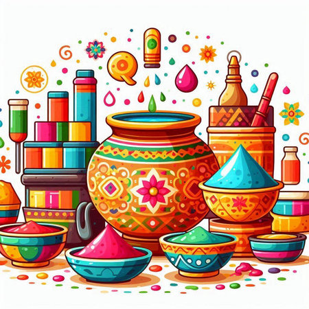 Colorful vector illustration of clay pot with holi powder, paints, brushes and jars on white backgroundのイラスト素材