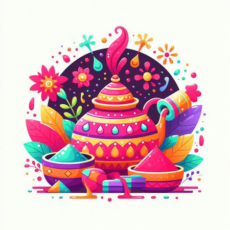 Colorful illustration of Indian tea pot with flowers and leaves. Vector illustration.のイラスト素材