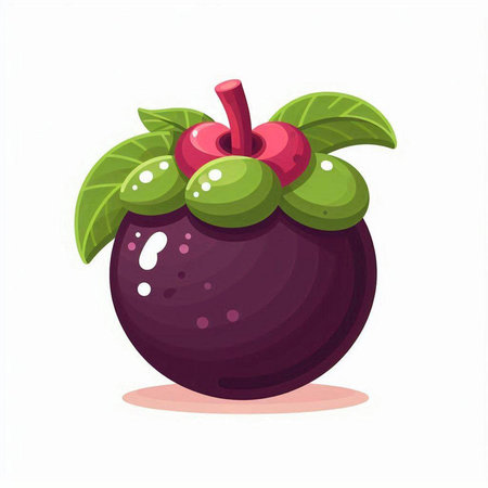 Purple mangosteen fruit with green leaves isolated on white background. Vector illustration.のイラスト素材