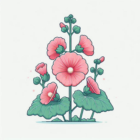 Hollyhock. Hand drawn vector illustration. Isolated on white background.のイラスト素材