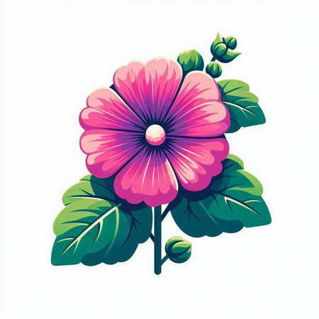 Illustration of a pink flower with green leaves on a white backgroundのイラスト素材