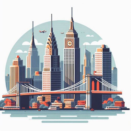 New York City skyline with skyscrapers and bridge. Vector illustration.のイラスト素材