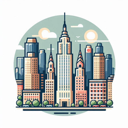 Vector illustration of New York City skyline in flat style with skyscrapers.のイラスト素材