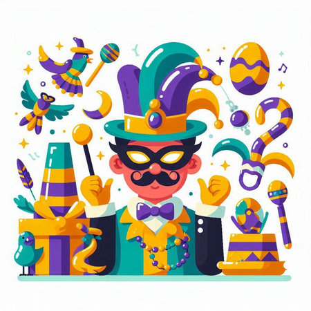 Mardi gras party vector illustration. Man in carnival costume with hatcas and candies.のイラスト素材