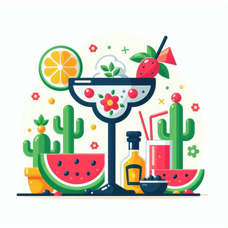 Cocktail flat vector illustration. Cocktail with lime, watermelon, lemon, cactus and ice cubes.のイラスト素材