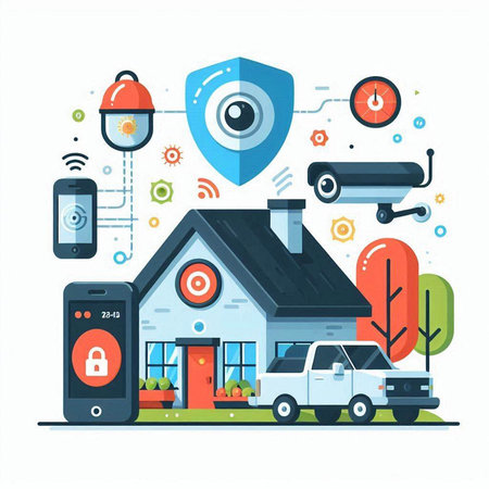 Smart home concept. Vector illustration in flat design style. Smart home, car, security camera, smart car.のイラスト素材